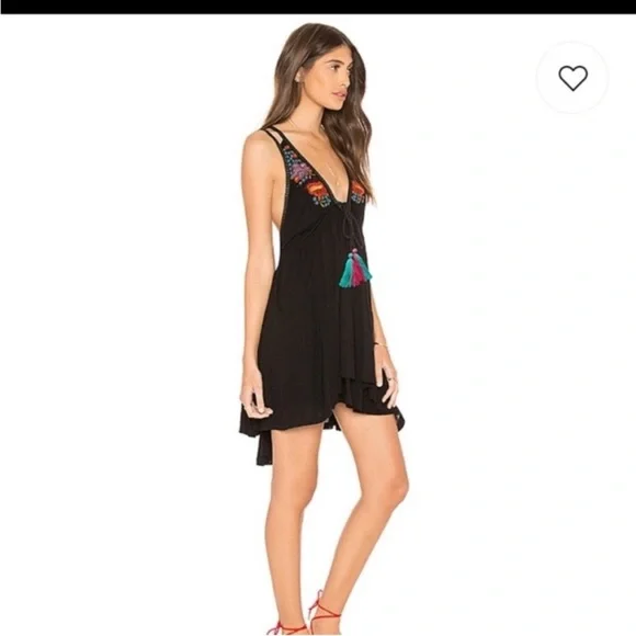 Free People Lovers Cove Mini Dress Black Sz L‎ Embroidered Festival Boho - Picture 2 of 15